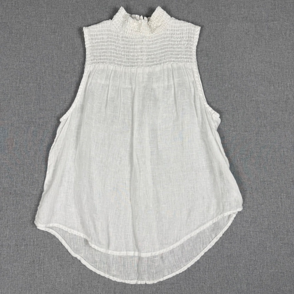 Bella Dahl White Smocked Mock Neck Linen Tank Top XS Boho Coastal Summer